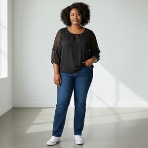 Roz & Ali Black Sheer Lace Sleeve Top Women’s Size 1X